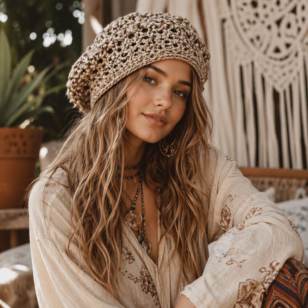 Handmade Tan Metallic Crochet Beret Slouchy Beanie Boho Hat Unisex Statement Hat